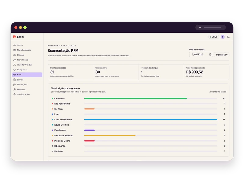 Painel da Loopi com a distribuição dos clientes entre os 11 segmentos RFM