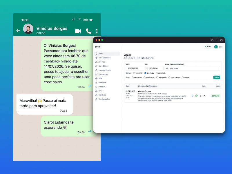 Notificação de cashback do Loopi no WhatsApp do cliente