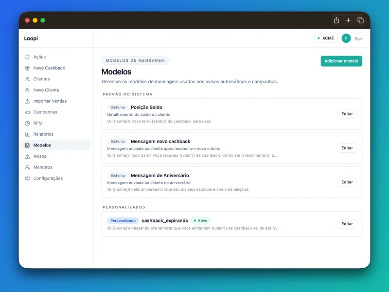 Tela de modelos de mensagens personalizados do Loopi
